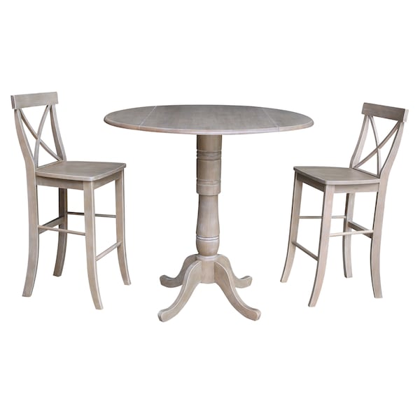 International Concepts Round 42 in Rd Pedestal Bar Height Table, 2 Bar Height Stools, Washed Gray Taupe, 42 W, 42 L, Wood K09-42DPT-S6133-2 - main